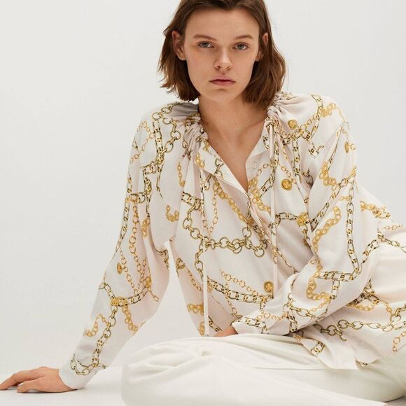 Mango Flowy Blouse Chains Ecru New - Picture 5 of 8